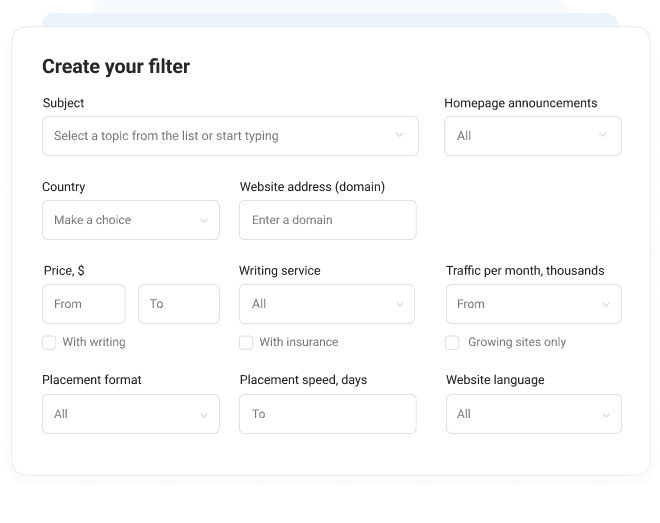 Collaborator advanced search filters: category, location, domain, price, traffic, speed, language, and more