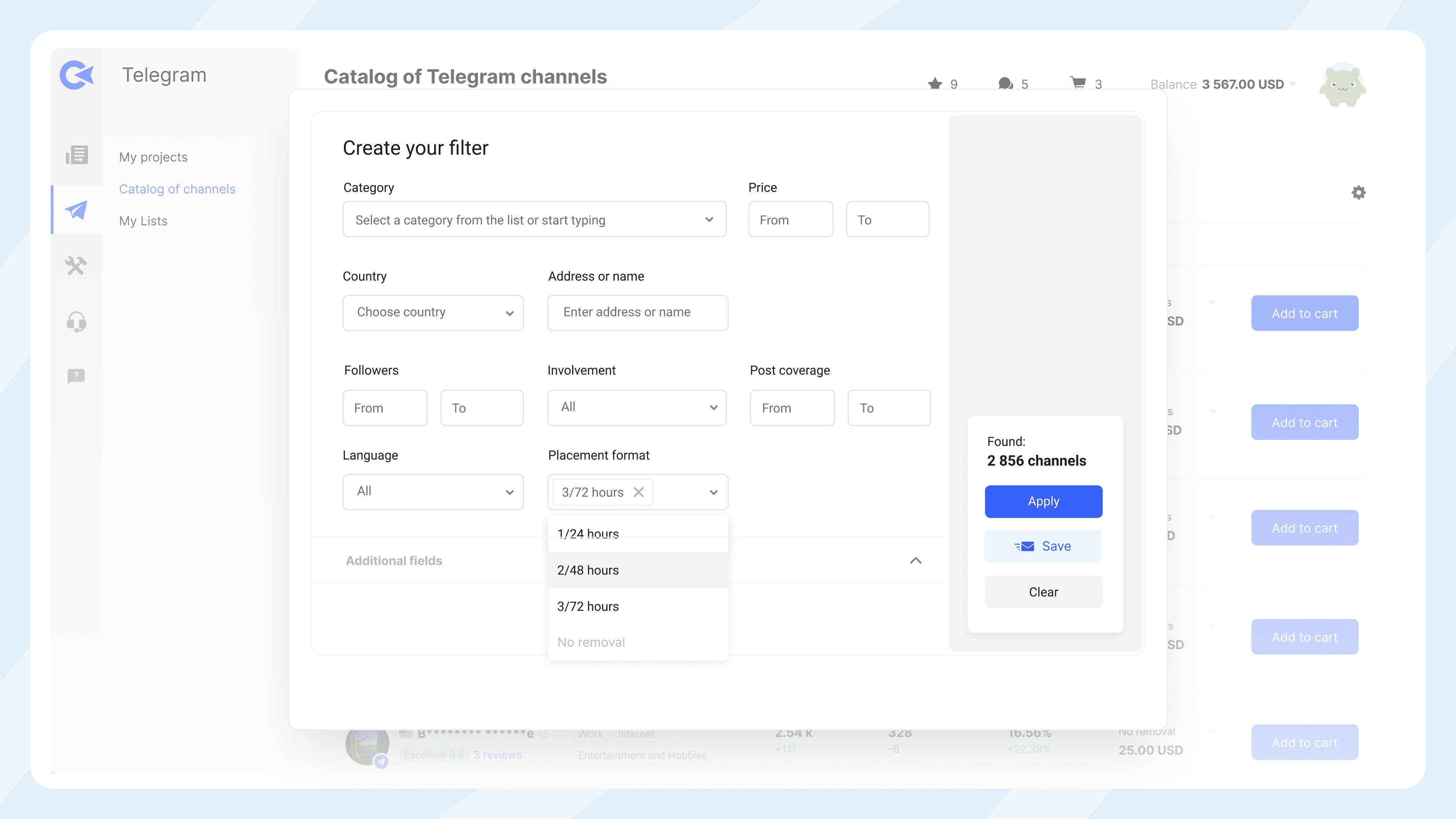 Screenshot of the Collaborator Telegram channel filtering interface with fields for category, price, country, followers, and placement format