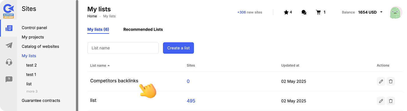 Updated Collaborator 'My lists' section showing newly created lists, including 'Competitors backlinks' and 'list', with site counts and modification dates.